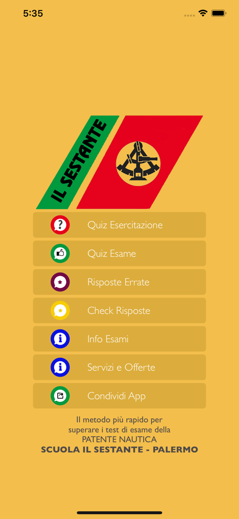 Il Sestante - Main menu of the Il Sestante boat license exam preparation app featuring quiz options and exam information in Italian.