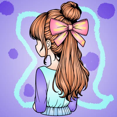 realistic girl  with hip length hair a bun and a big bow on the back of head