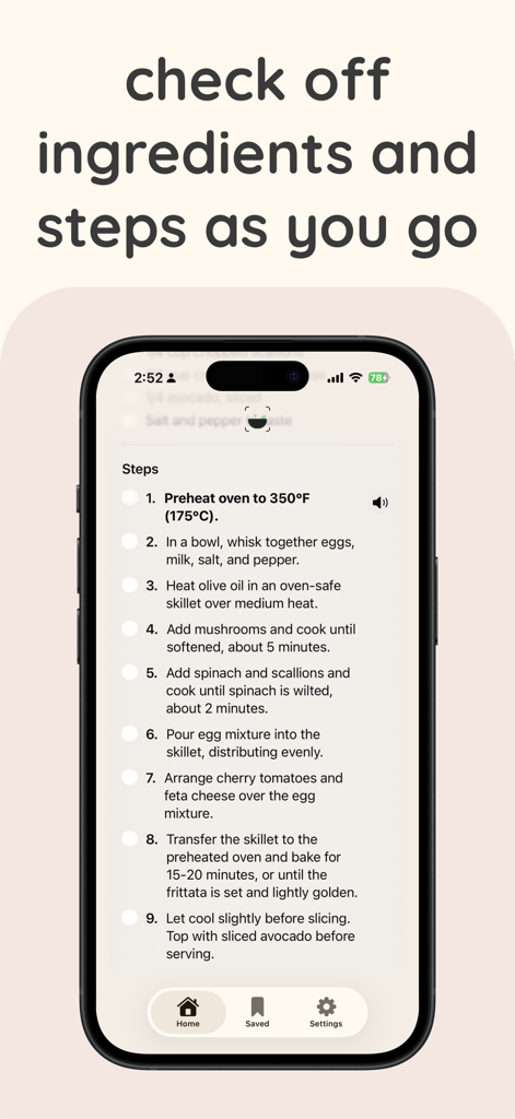 DishMe AI - DishMe AI mobile app interface showing a step-by-step cooking recipe with checkable progress steps for a frittata.