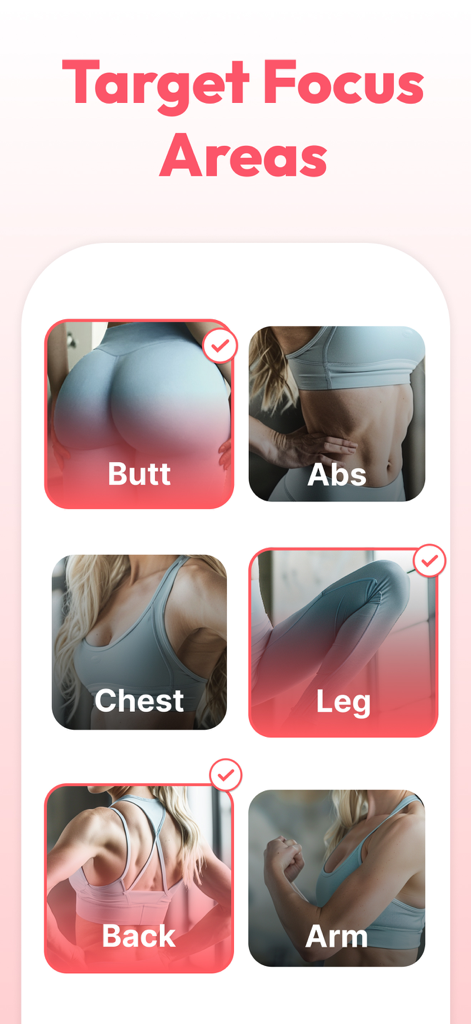 SheFit: Home Workout for Women - Target focus areas selection screen in the SheFit home workout app