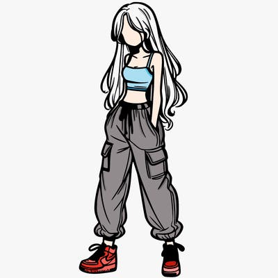girl in baggy pants crop top and long hair