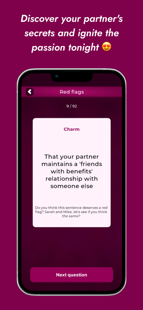Game of Love (love & couples) - Uma captura de tela do aplicativo Jogo do Amor mostrando um cartão de pergunta sobre 'red flags' para casais.