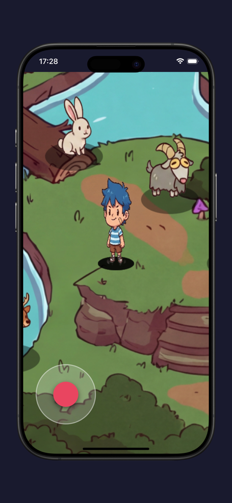 A boy character exploring a hand-painted forest with a rabbit and a goat in the My Voice Zoo app.