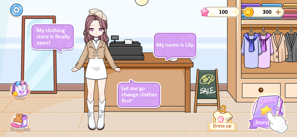 Kawaii Paper Doll Dressup Game - Lily de pie dentro de su boutique recién inaugurada en Kawaii Paper Doll Dressup Game