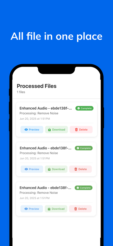 Noise Remover - Noise Remover app interface showing a list of processed and enhanced audio files ready for preview or download.