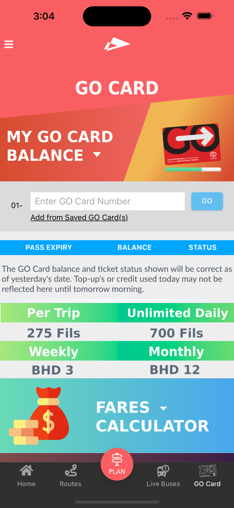 Bahrain Bus - Bahrain Bus app interface showing GO Card balance management and public transport fare rates for trips and passes.