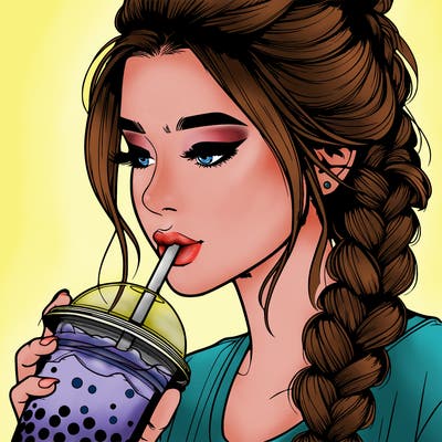 realistic girl drinking boba tea with braided hair