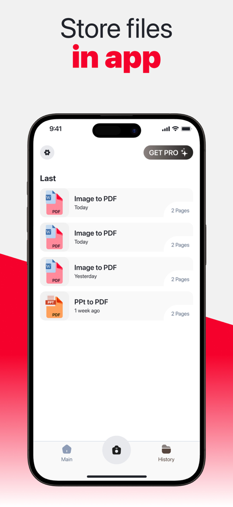 PDF Converter:  Files Editor - Interfaz de la aplicación Convertidor de PDF que muestra una lista de archivos convertidos recientemente como Imagen a PDF y PPT a PDF.