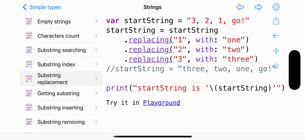 Swift code snippet showing substring replacement in the Recipes for Swift Pro app interface