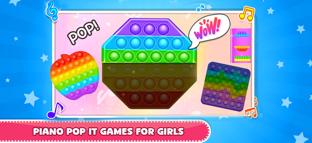 Simple Piano Songs Music Games - Colorful rainbow pop it fidget toys in various shapes on a musical themed background