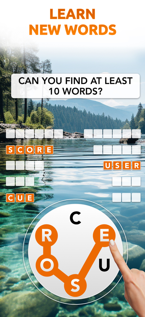 Word Connect - Words of Nature - Capture d'écran du gameplay de Word Connect Mots de la Nature montrant un puzzle de mots sur un fond de lac serein.