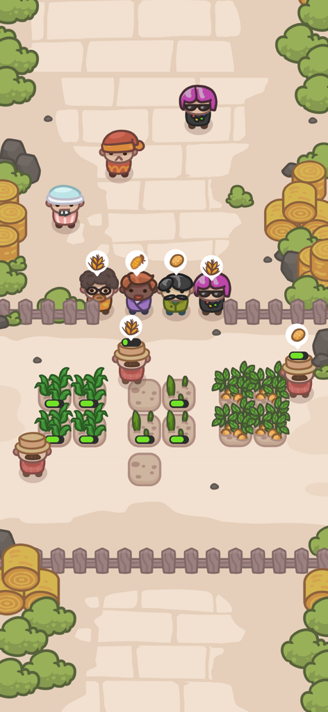 Cute characters harvesting wheat and potatoes in a farm simulation game.