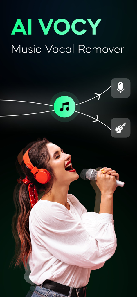 Vocal Remover Music - AI Vocy - A woman singing with headphones illustrating an AI powered vocal remover and music separation app