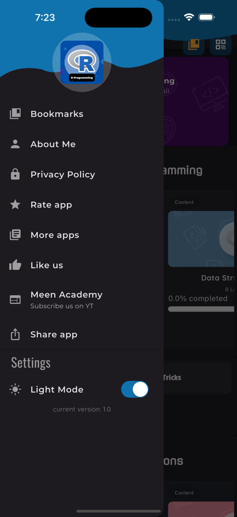 Learn R Programming [PRO] - Side navigation menu of the Learn R Programming PRO app featuring options for Bookmarks, Settings, and Light Mode toggle.