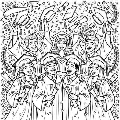Capture the excitement of reaching a major milestone with this vibrant graduation coloring page. Featuring happy teenage graduates, this design is perfect for celebrating achievements and new beginnings.