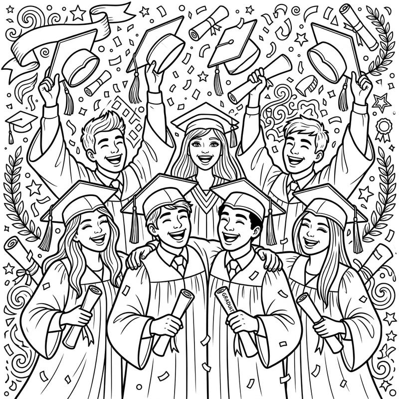 Capture the excitement of reaching a major milestone with this vibrant graduation coloring page. Featuring happy teenage graduates, this design is perfect for celebrating achievements and new beginnings.