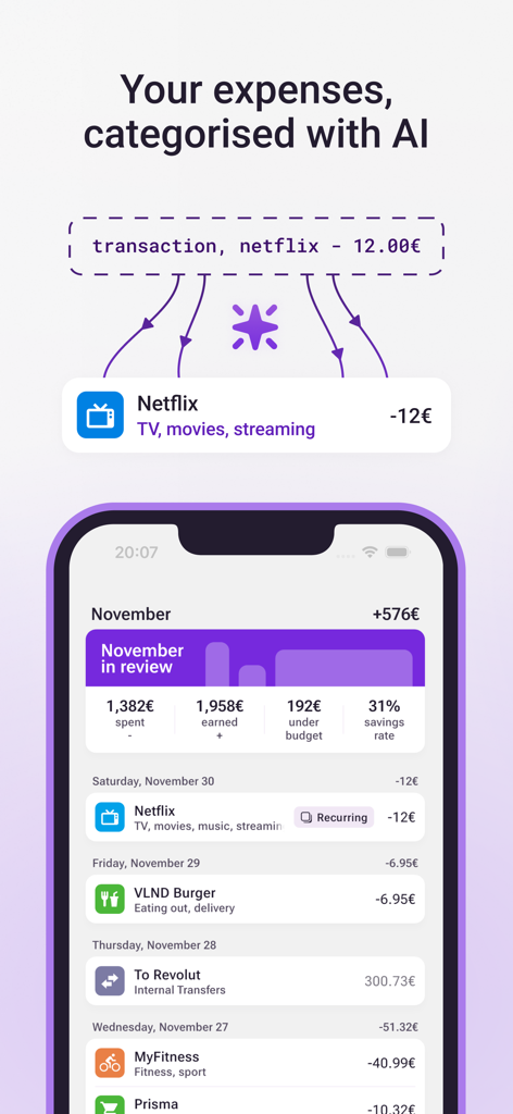 Bilance - Your Money & Budget - Bilance app interface showing AI expense categorization and monthly budget summary