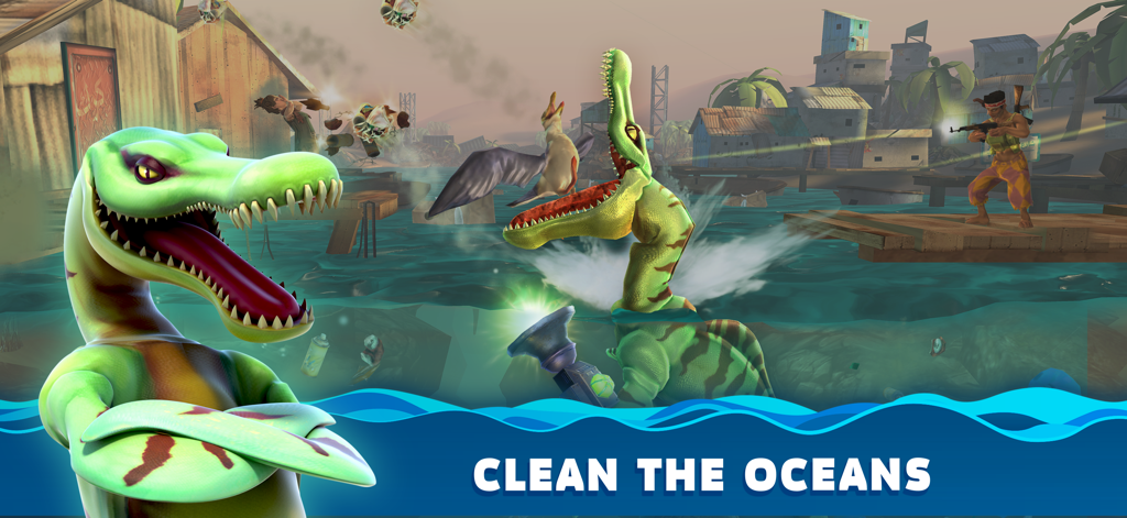 Green prehistoric sea beast in a flooded city environment under the text Clean the Oceans