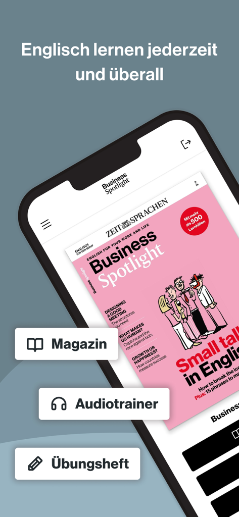 Home screen of the Business Spotlight English learning app showing study categories.