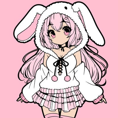pretty anime girl wearing a fluffy hoodie with bunny ears on the hood and a skirt
