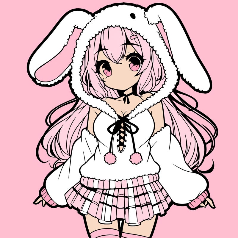 pretty anime girl wearing a fluffy hoodie with bunny ears on the hood and a skirt