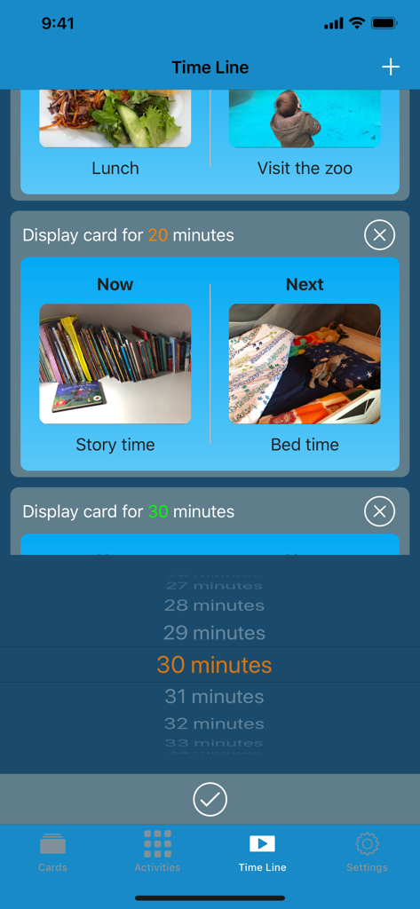 Línea de tiempo del horario visual en la aplicación Now and Next que muestra tarjetas de actividad para la hora del cuento y la hora de dormir con configuración de temporizador de duración.