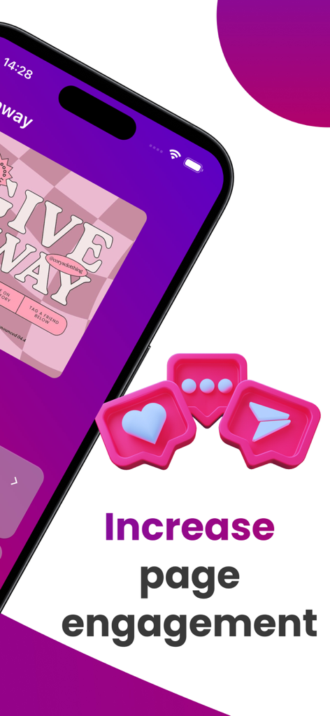 Giveaway for Instagram Post - いいね！やコメントなどのソーシャルメディアエンゲージメントアイコンが表示されたプレゼント企画アプリのインターフェースを示すスマートフォン