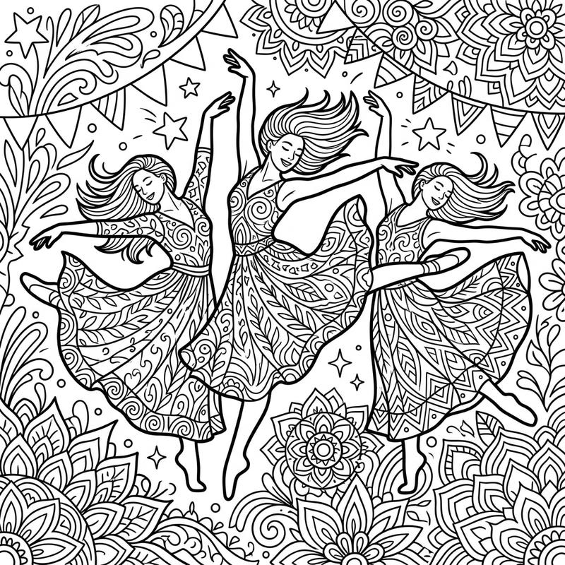 Unleash your creativity with this enchanting coloring page depicting three dancers celebrating amidst a backdrop of intricate patterns. This design captures the spirit of joy and festivity, inviting you to add your unique splash of color.