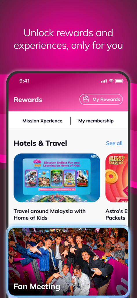 Écran Récompenses de l'application My Astro affichant des expériences exclusives pour les membres et des événements de rencontre de fans.