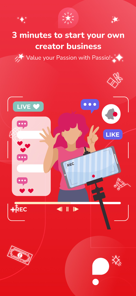Ecomobi Passio - An illustration of a content creator live streaming with engagement icons and text about starting a creator business in 3 minutes