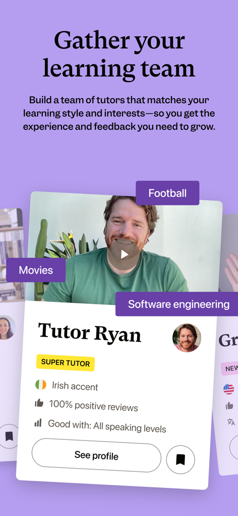 Cambly app screen showing a tutor profile with tags for interests like software engineering and football to help users build a personalized learning team.