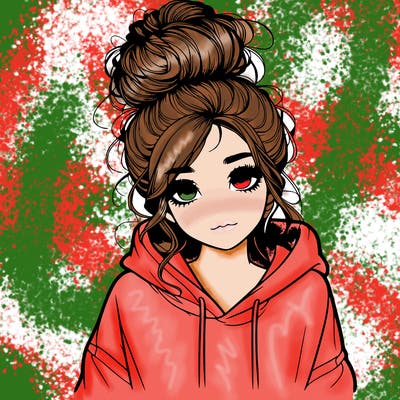 realistic girl with a massy bun and a hoodie