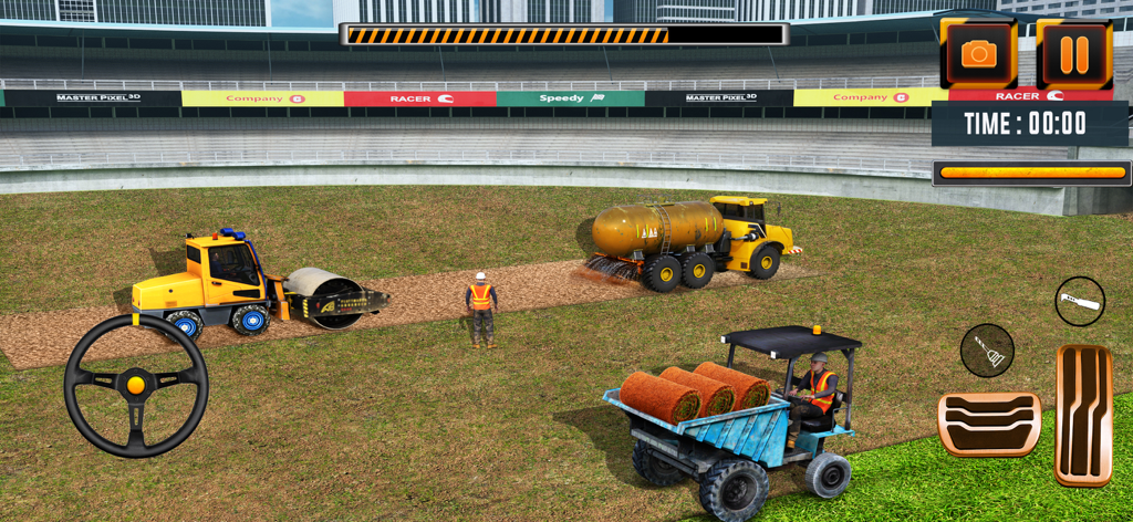 Stadium Construction Simulator - Uno screenshot di un gioco di simulazione che mostra veicoli da costruzione come un rullo stradale e un'autobotte che preparano il campo di cricket di uno stadio.