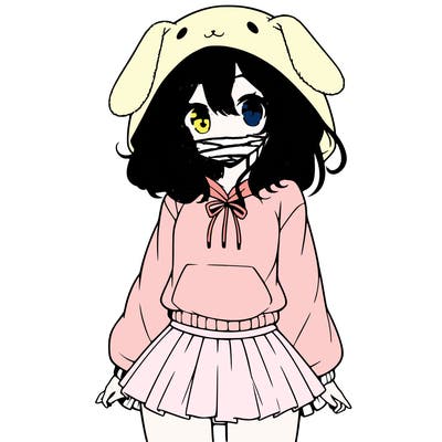 pretty anime girl wearing a fluffy hoodie with bunny ears on the hood and a skirt