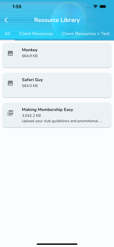 Member Jungle - Member Jungle app interface showing a resource library with downloadable club documents and images.