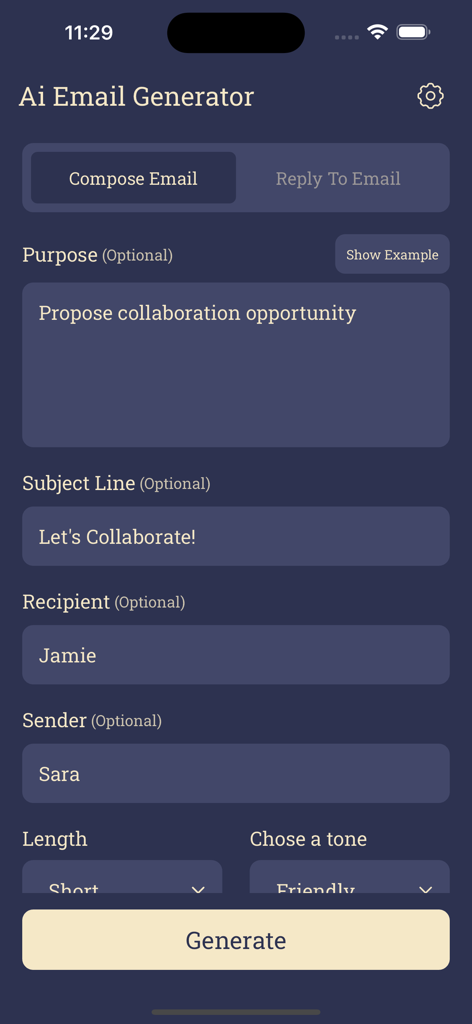 Mobile app interface of AI Email Generator showing fields for composing a friendly collaboration email with tone and length options.