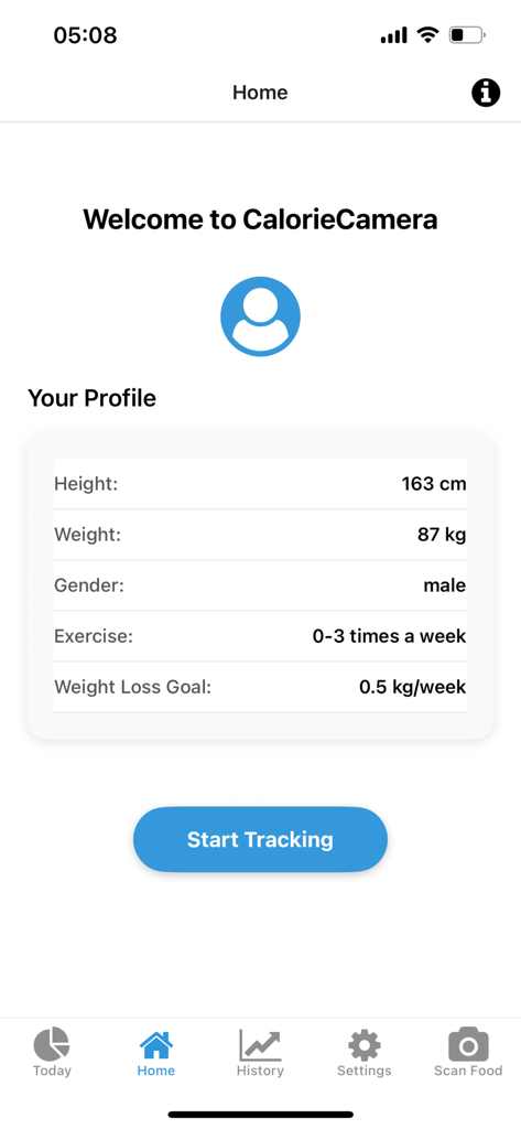 Calorie Camera Fit - Calorie Camera Fit mobile app home screen showing a user profile with weight loss goals and a start tracking button