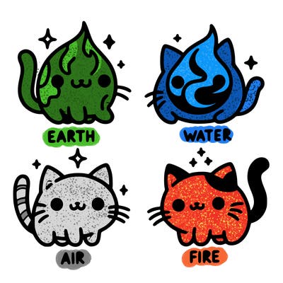 4 cats that represent the different elements, earth, water, air, and fire