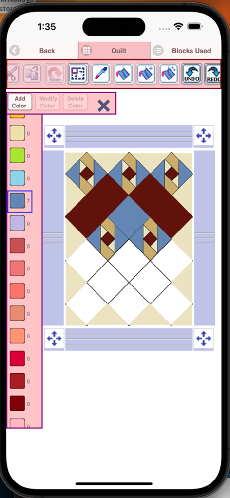 Quilt Pattern Creator - Interface of the Quilt Pattern Creator app showing a geometric quilt design with a color palette and editing tools.