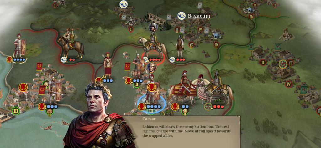 Great Conqueror: Rome - Julius Caesar giving tactical orders over a strategic map of Roman legions in Gaul