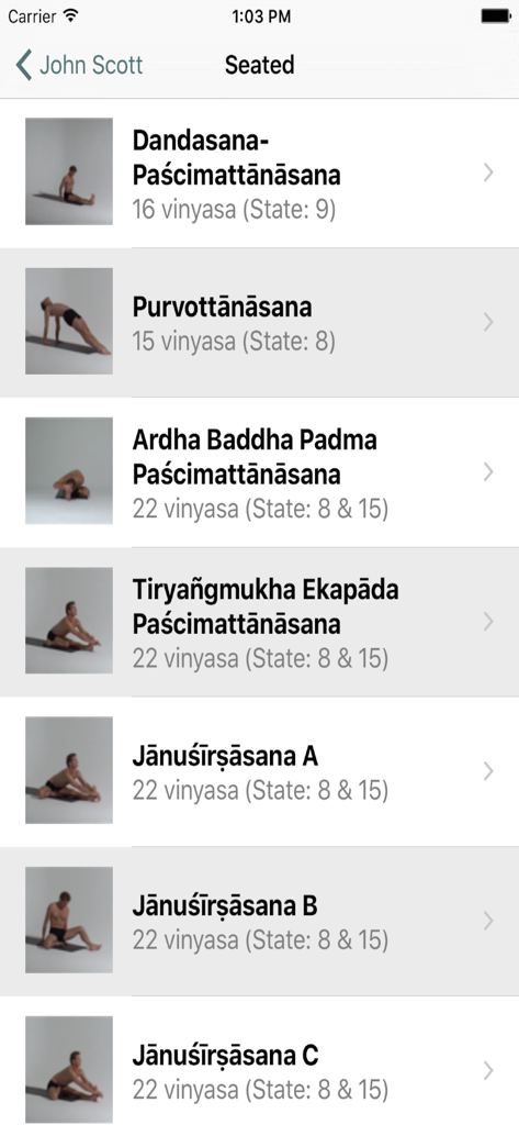 Lista de posturas sentadas de Ashtanga yoga con conteos de Vinyasa en la aplicación John Scott Yoga
