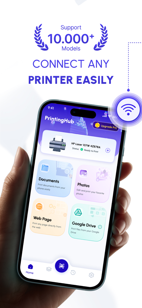 Smartphone mostrando el panel de la aplicación iPrint con opciones para imprimir documentos y fotos de forma inalámbrica