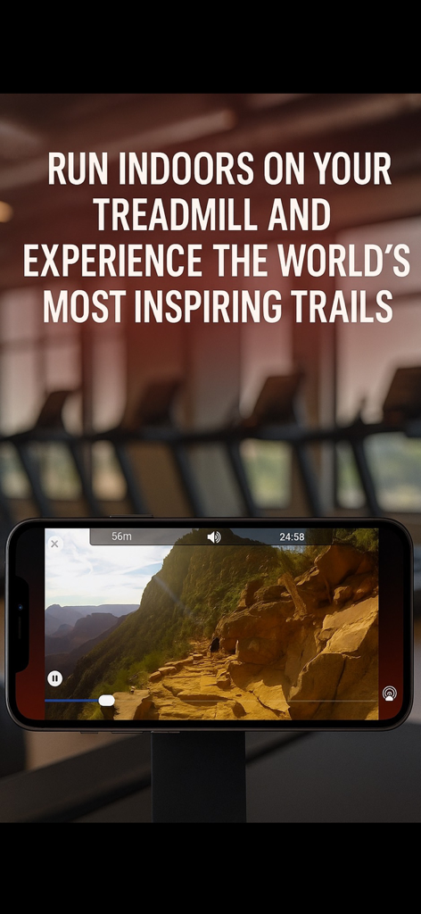 Smartphone showing a scenic mountain trail video for indoor treadmill workouts