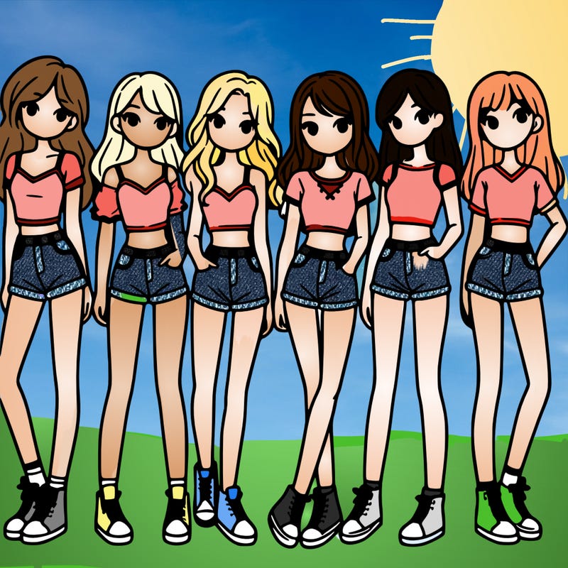 a group of girls wearing crop tops and shorts