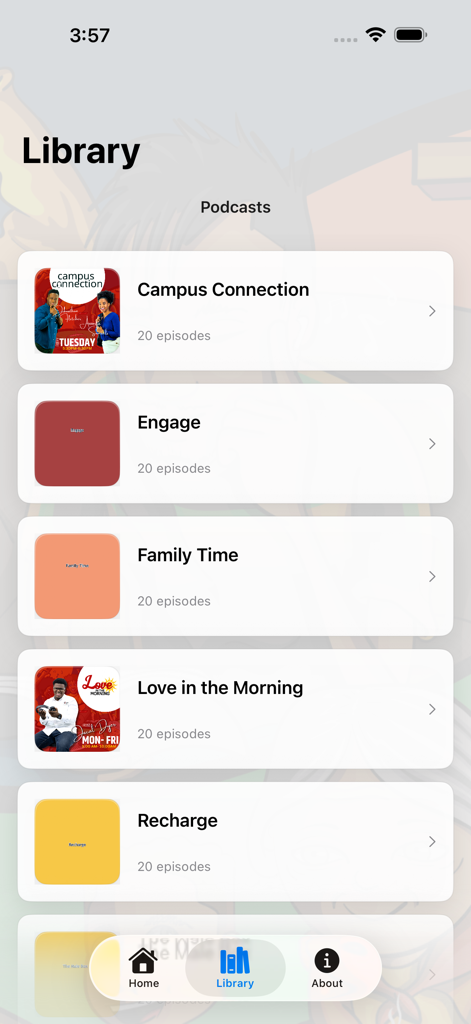 Love 101 FM app podcast library interface listing various gospel and talk shows like Campus Connection and Family Time