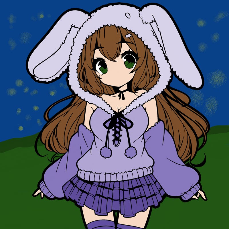 pretty anime girl wearing a fluffy hoodie with bunny ears on the hood and a skirt