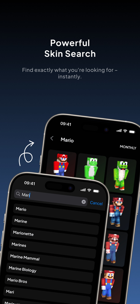 Search interface of the Minecraft skins app showing results for Mario and Yoshi characters
