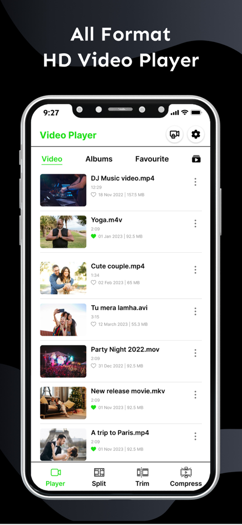 Video Player - All Format 2025 - Interface d'application mobile du Lecteur Vidéo Tous Formats 2025 montrant une liste de divers fichiers vidéo, y compris les formats mp4 mkv avi et mov, avec des options de lecture