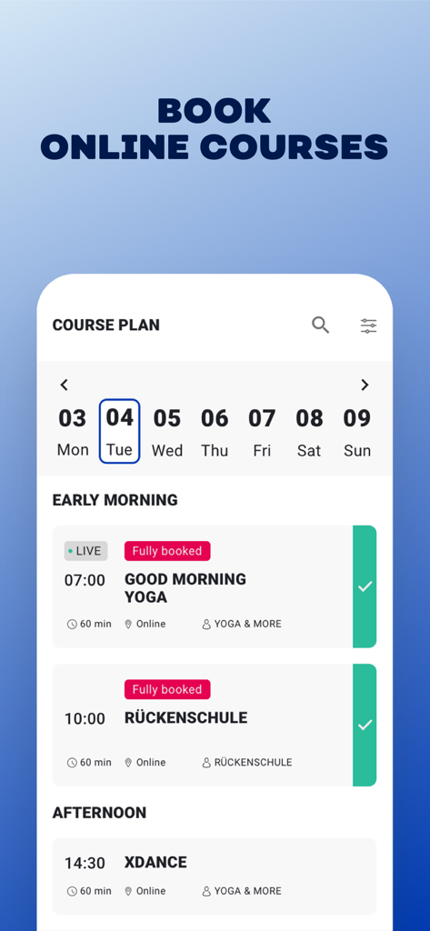 Hansefit - Hansefit app interface for booking online fitness courses like yoga and dance classes.
