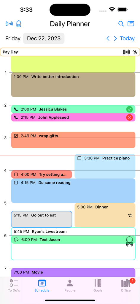 The North 40 - Uma interface de planejador diário dentro do aplicativo The North 40 mostrando uma agenda codificada por cores de tarefas e compromissos
